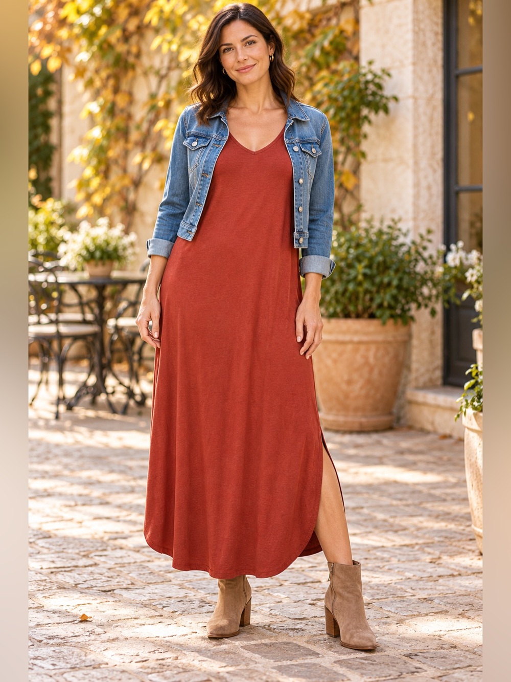 Amazon Essentials Rust Terracotta V Neck Maxi Dress Large Stretch Side Slit